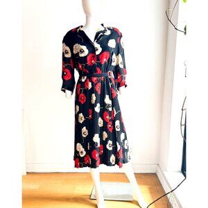 Vintage Allaird s Black Red Ivory Floral Belted Pleated Midi Dress M